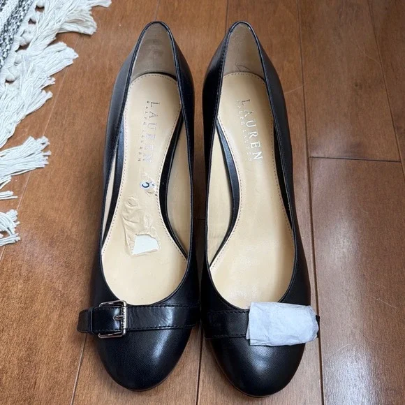 Lauren Ralph Lauren Black Leather Block Heel Pumps Buckle Womens 6.5 New w Flaws - Picture 8 of 9